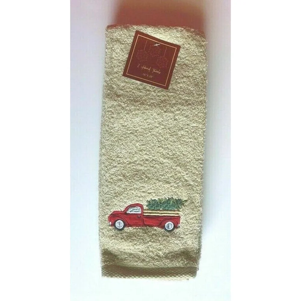 Christmas Tree Red Farm Truck Hand Towels Embroidered Bathroom 16x28 Set of 2